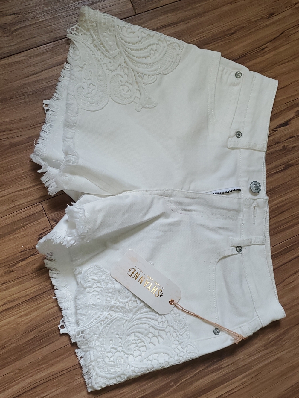 Shyanne White Lace-Trim Frayed Denim Shorts